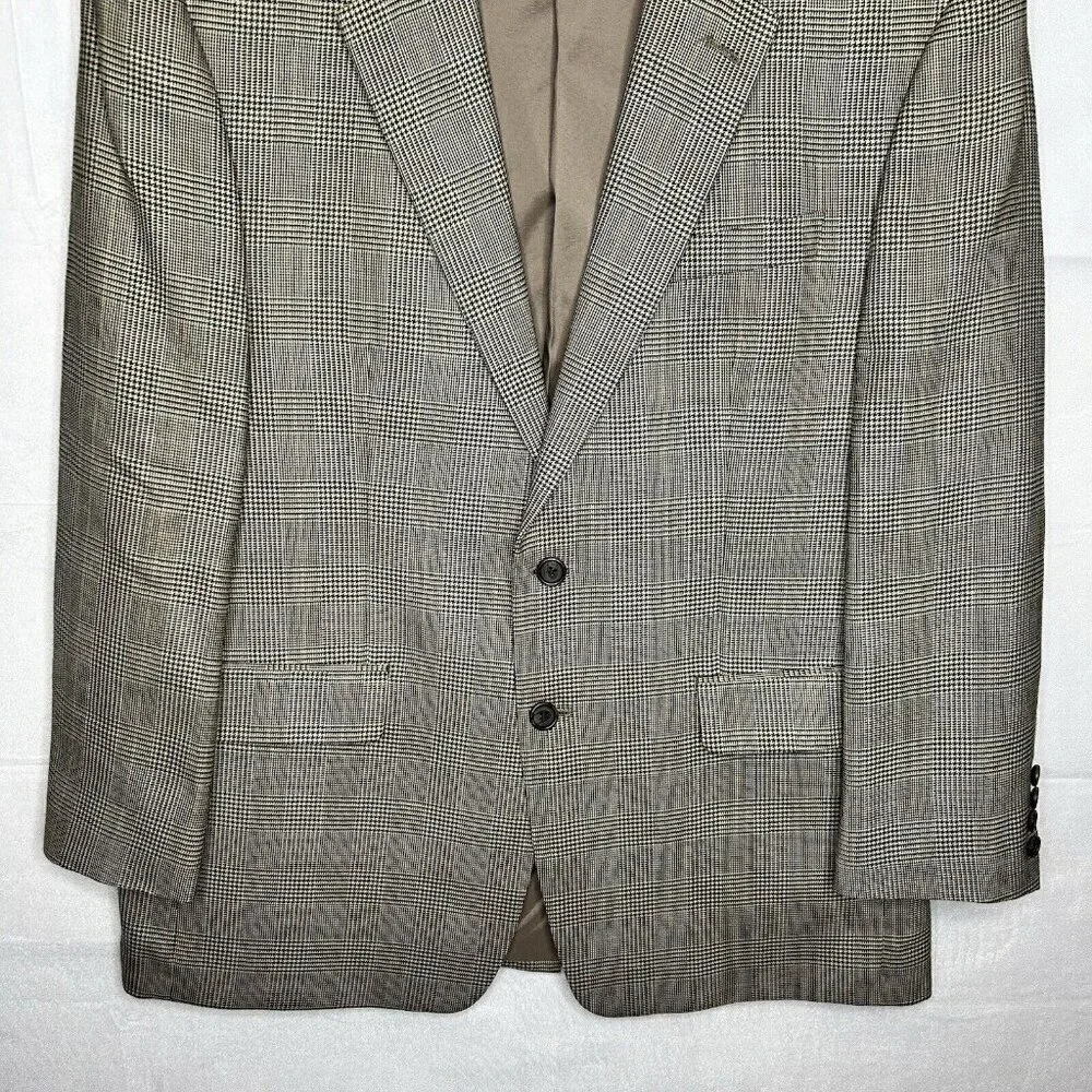 Lauren Ralph Lauren 2-Button Silk Wool Suit 42R Houndstooth Plaid Tan